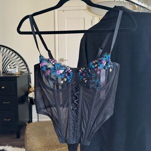 Savage X Black and Blue Embroidered Bustier
